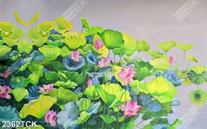 Tranh décor sơn dầu đầm hoa sen hồng giữa trời xanh