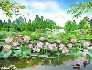 Tranh psd những bông hoa sen hồng bên chân núi xanh