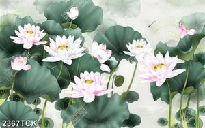 Tranh những chiếc lá xanh xen kẻ bông hoa sen hồng