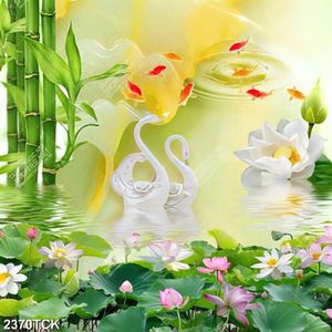 Tranh in tường đầm hoa sen trắng bên thiên nga trắng