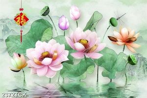 Tranh những bông sen giả ngọc trong hồ cá chép in 5d