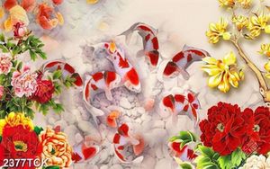 Tranh decor mẫu đơn và đàn cá chép giả ngọc trong đầm