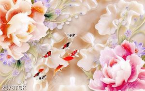 Tranh psd hoa mẫu đơn giả ngọc bên đàn cá chép vàng