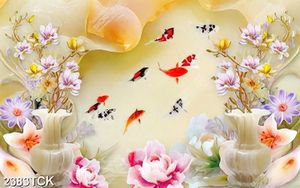 Tranh in canvas đàn cá chép và đôi chim bên hồ sen