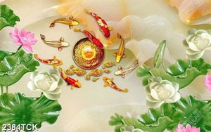 Tranh nghệ thuật hoa sen và đàn cá chép nhiều màu sắc