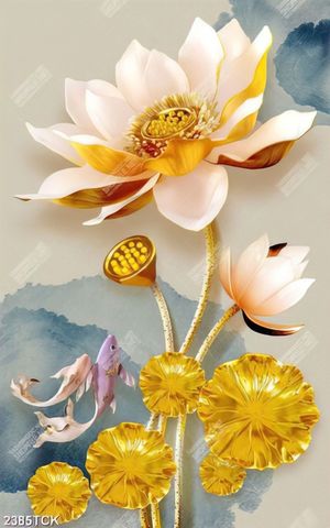 Tranh in tường chú cá chép bên bông hoa sen giả ngọc