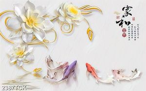 Tranh cá chép và những bông hoa sen giả ngọc in 5d
