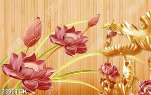 Tranh những bông hoa sen hồng giả ngọc trên nền gỗ