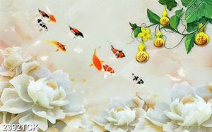 Tranh decor bông hoa mẫu đơn giả ngọc và đàn cá chép