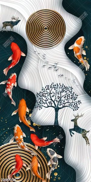 Tranh in uv đàn cá chép tung tăng bơi lội trong dòng nước