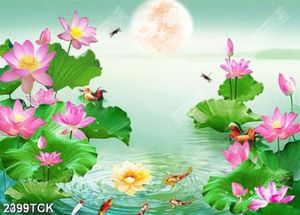 Tranh in uv những bông hoa sen hồng khoe sắc trong hồ