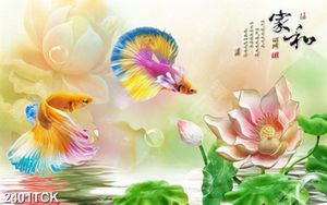 Tranh giả ngọc những chú cá sim betta trong hồ hoa sen