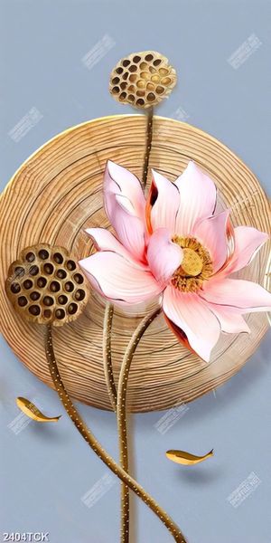 Tranh in tường bông hoa sen giả ngọc bên đàn cá chép