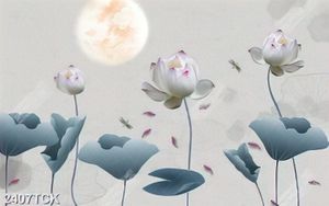 Tranh hoa sen cá chép dưới ánh trăng đêm trang trí tường