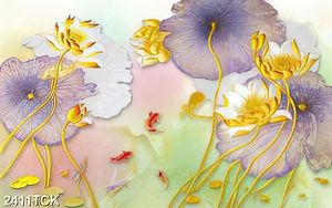 Tranh in uv đầm hoa sen ánh tím và đàn cá chép vàng