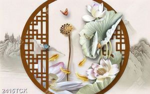 Tranh nghệ thuật hoa sen hồng và đàn cá chép giả ngọc