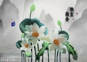 Tranh cá chép bên những bông hoa sen trắng in 5d