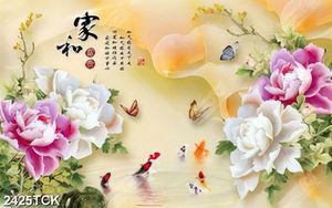Tranh treo tường hoa mẫu đơn và đàn cá chép vàng psd