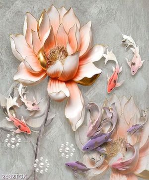Tranh giả ngọc hoa sen hồng và cá chép bơi tung tăng