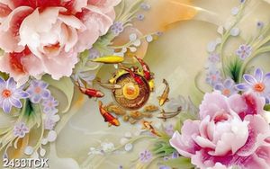 Tranh cá chép bên những bông hoa sen hồng giả ngọc