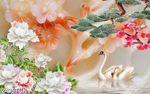 Tranh giả ngọc hồ cá chép vàng bên hoa sen in tường