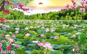 Tranh bạt ngàn hoa sen trong đầm dưới ánh mặt trời đỏ