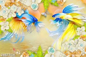 Tranh đôi cá chép bơi tung tăng trong hồ sen in 3d