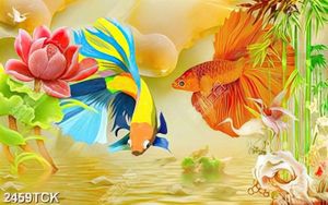 Tranh in canvas chú cá chép màu đỏ bên hoa sen giả ngọc