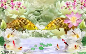 Tranh nghệ thuật hoa sen và đàn cá chép bơi tung tăng