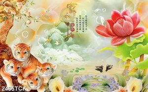 Tranh giả ngọc hai chú hổ trong hồ hoa sen khoe sắc