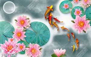 Tranh bông hoa sen tím và cá chép bên cành anh đào