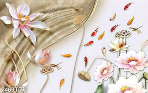 Tranh psd hoa sen hồng bên hai chú cá sim betta xinh đẹp