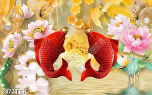 Tranh cá chép trang trí những bông hoa sen khoe sắc