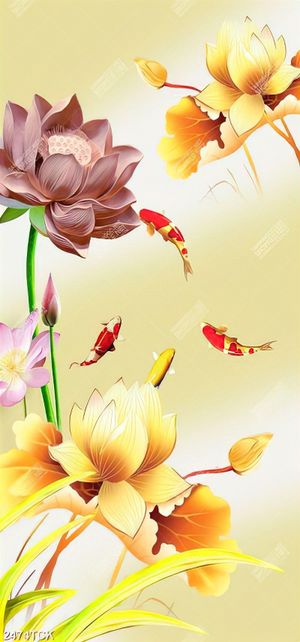 Tranh in canvas đàn cá chép bên bông hoa sen vàng