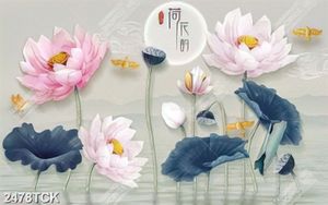 Tranh cá chép vàng bên những bông hoa sen hồng in 5d