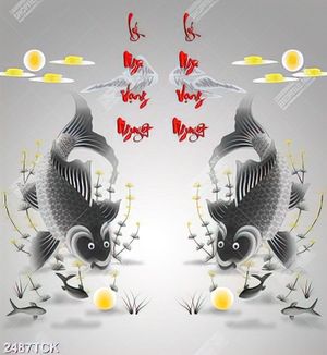 Tranhchú cá chép vui đùa bên bóng ánh trăng vàng  in 3d