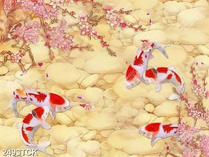 Tranh cá chép bên những cành hoa anh đào khoe sắc in 3d