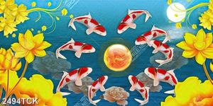 Tranh hoa sen cá chép vàng trong hồ nước trang trí tường