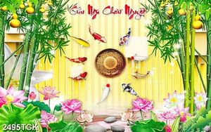 Tranh hoa sen cá chép bên những hàng tre xanh xinh đẹp