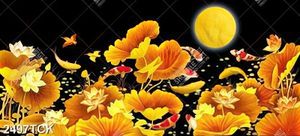 Tranh bông hoa sen vàng trong hồ cá chép vàng rực rỡ
