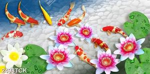 Tranh decor hoa sen và đàn cá chép trong hồ đá cuội
