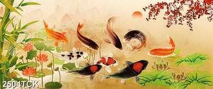 Tranh in canvas đàn cá chép trong hồ hoa sen hồng thắm