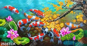 Tranh nghệ thuật đàn cá chép dưới cành hoa mai vàng