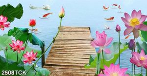 Tranh những bông hoa sen khoe sắc bên cây cầu xinh đẹp