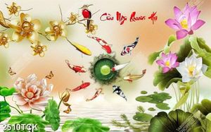 Tranh thêu hoa sen cá chép bên đàn bướm xinh bay lượn