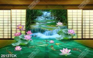 Tranh decor những bông hoa sen hồng bên con suối
