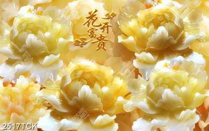 Tranh những bông mẫu đơn bên chữ hán giả ngọc in 5d
