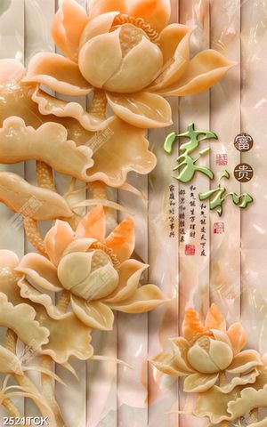 Tranh in tường đầm hoa sen hồng và chữ hán giả ngọc