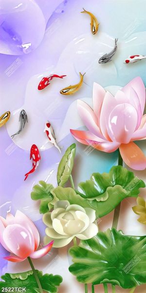 Tranh giả ngọc hoa sen hồng đàn cá chép bôi tung tăng