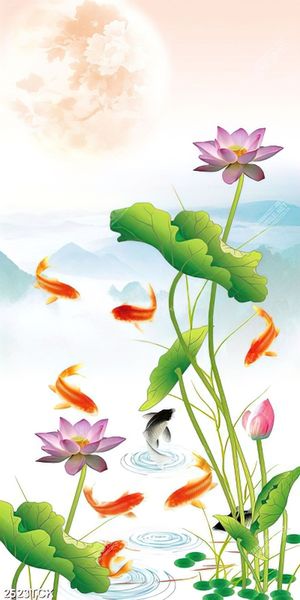 Tranh cá chép bên những bông hoa sen hồng in 5d